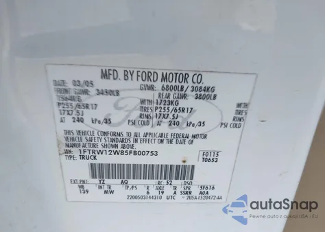 2005 Ford F-150 Xlt from USA, damaged, VIN 1FTRW12W85FB00753